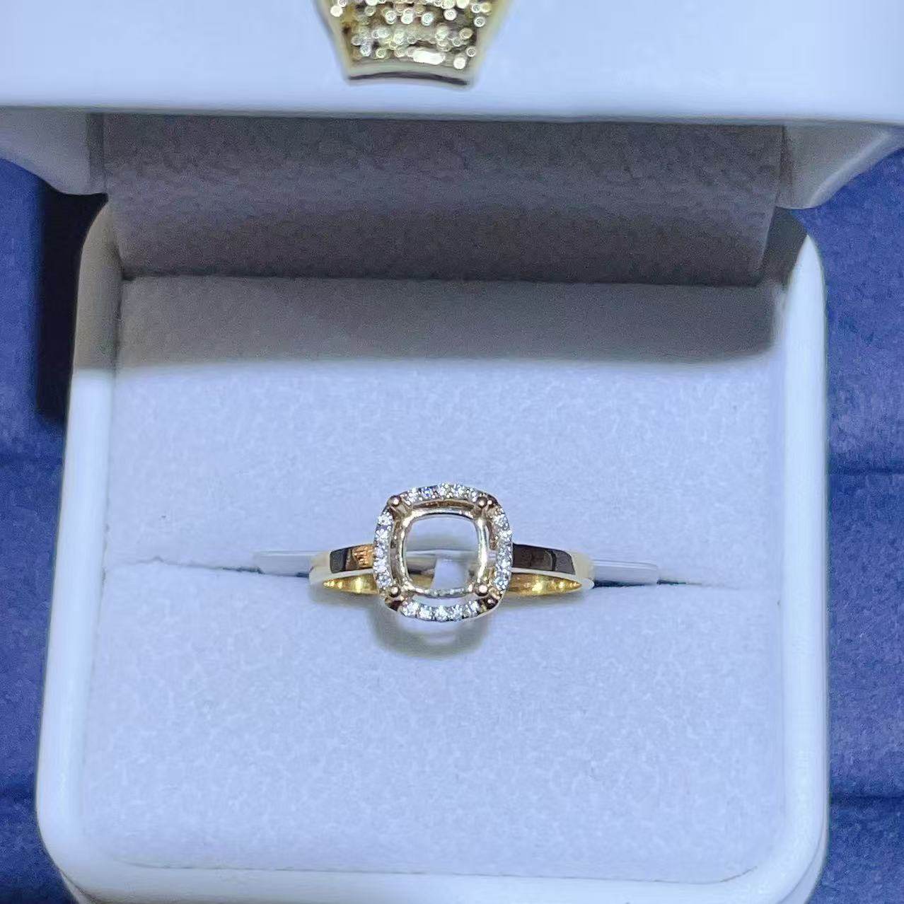 18K金方形围锆戒指空托配莫桑钻