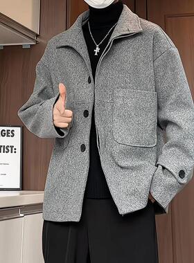 美拉德复古毛呢夹克男秋冬高级感痞帅翻领短款呢风衣宽松呢子外套