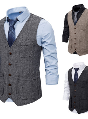 外贸欧美男士人字呢单排扣商务休闲马甲英伦修身V领西服背心坎肩