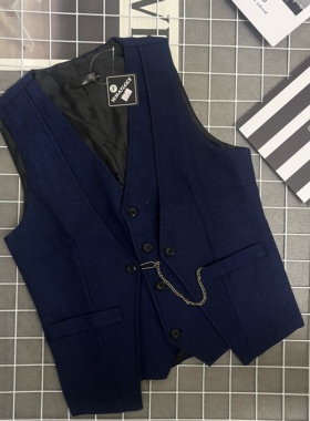 欧美男士假两件人字纹西装公务马甲商务伴郎发型师仿毛呢背心坎肩