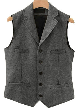 欧美男士职业装商务休闲西装马甲仿毛呢单排扣翻领背心上班坎肩潮