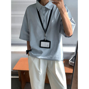 老钱风亚麻短袖polo衫男女款夏季棉麻正肩t恤cleanfit浅蓝色半袖