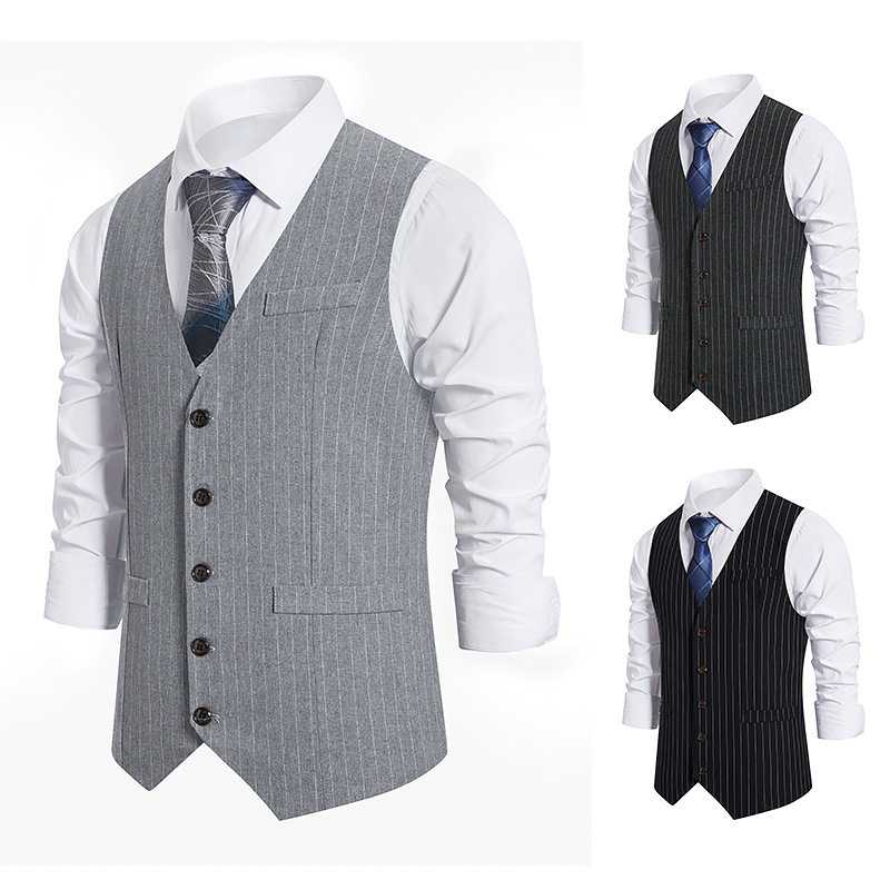 AUTUMN FOREIGN TRADE BRITISH SLIM MENS V-NECK SUIT VEST STRIPED VERSATILE HANDSOME SINGLE-BREASTED SUIT VEST TIDE
