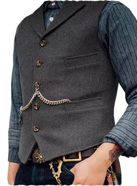 亚马逊欧美男士硬汉人字呢商务休闲翻领马甲阿美咔叽摇滚机车坎肩