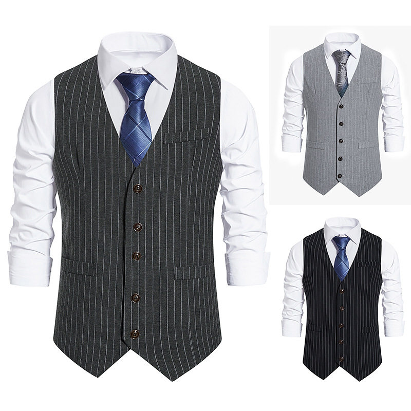 AUTUMN FOREIGN TRADE BRITISH SLIM MENS V-NECK SUIT VEST STRIPED VERSATILE HANDSOME SINGLE-BREASTED SUIT VEST TIDE