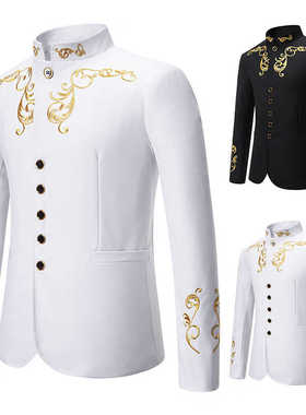 欧美宫廷风刺绣立领中山装西服男士特大码宽松舞台演出服司仪西装