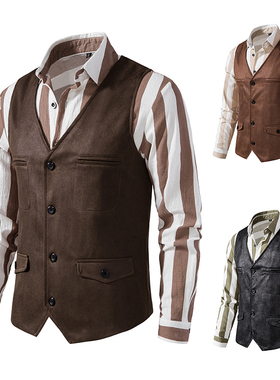 欧美男士肥佬大码复古麂皮绒马甲多口袋硬汉猎装机车背心坎肩褂子
