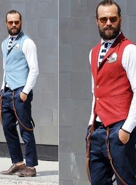 跨境外贸欧美男士翻领纯色西装马甲老外糖果色约会帅气背心坎肩潮