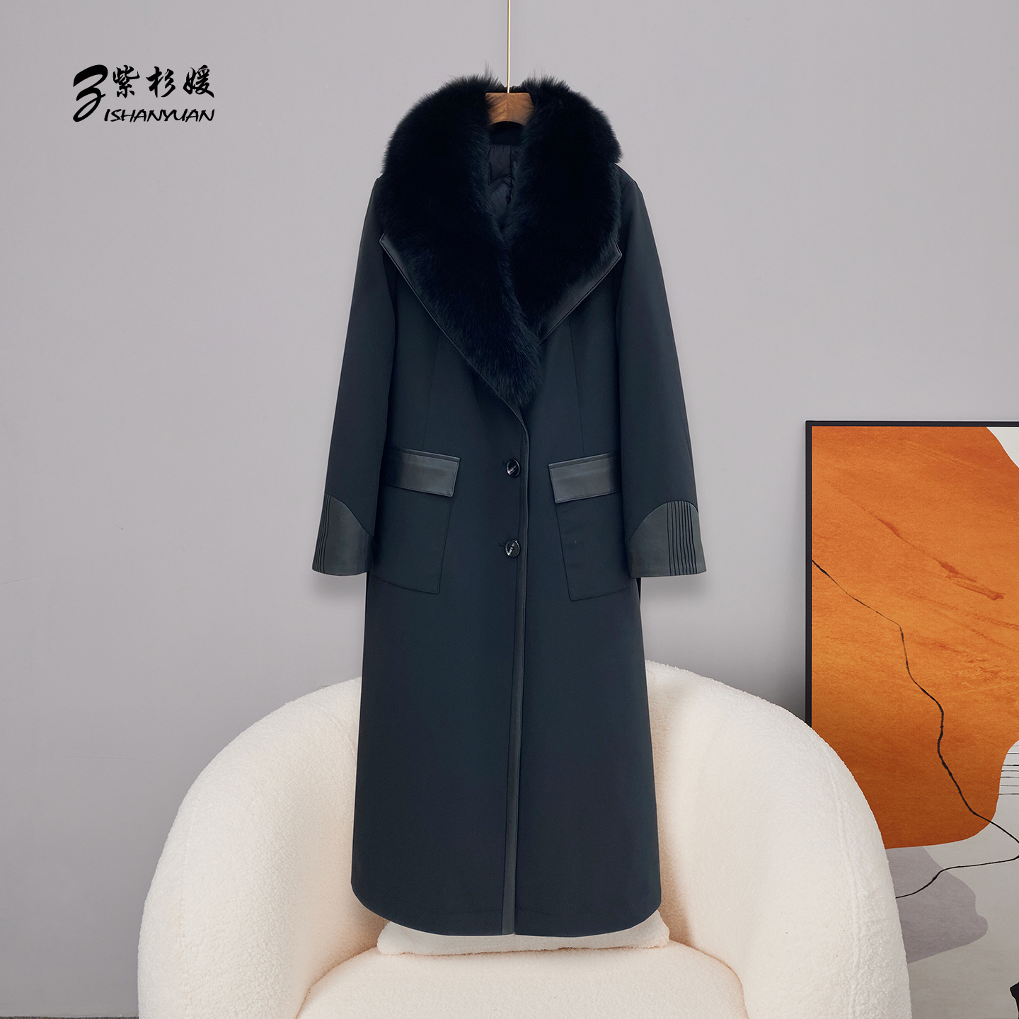 冬季新款狐狸毛领羊皮拼接气质高贵中年女妈妈鹅绒长款过膝羽绒服