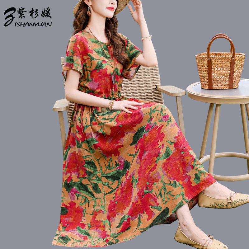 高端印花人造棉连衣裙夏季大码女