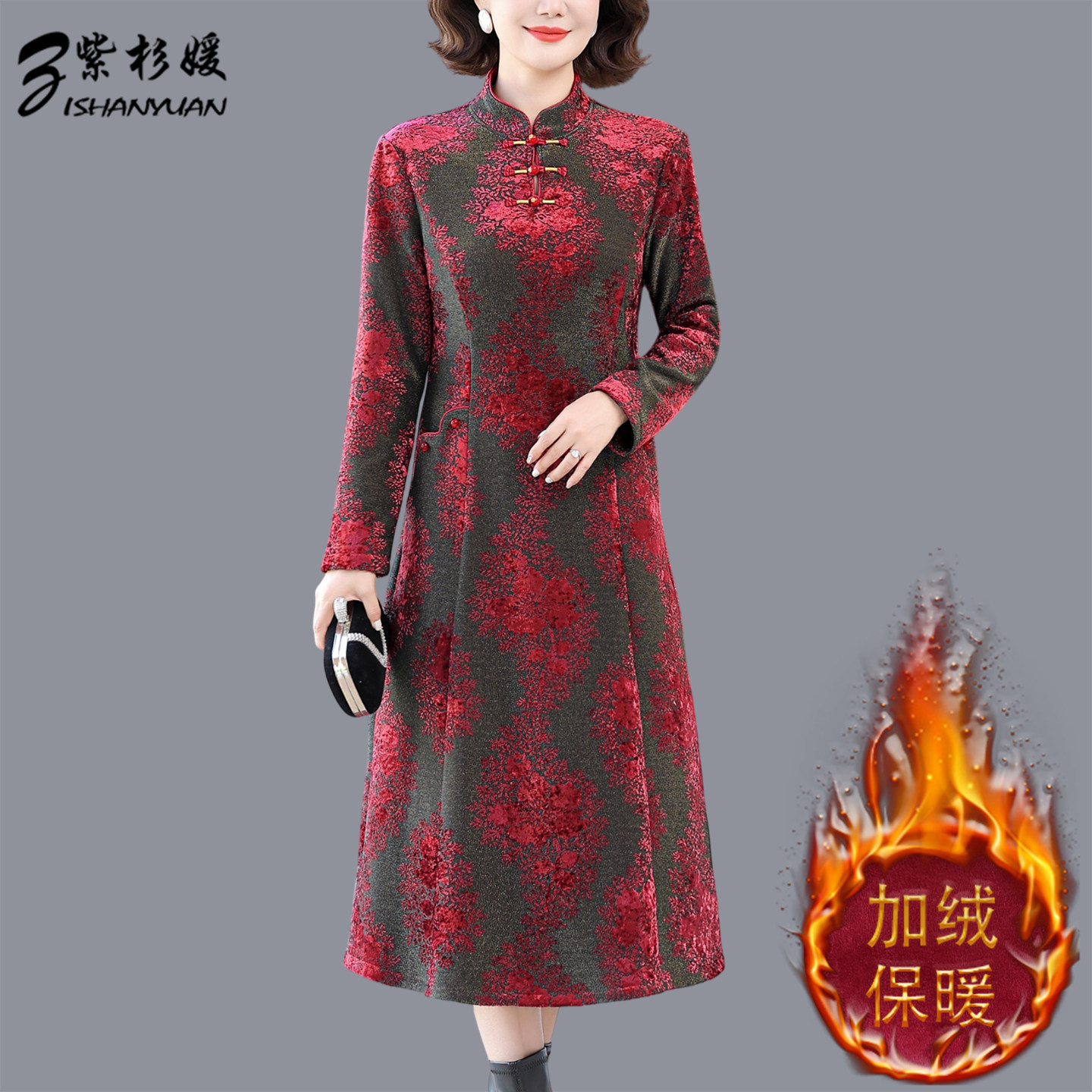 中式旗袍改良秋冬加厚保暖连衣裙中年女装妈妈冬季加绒打底裙长裙