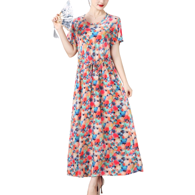 夏季长裙新款碎花棉绸连衣裙洋气
