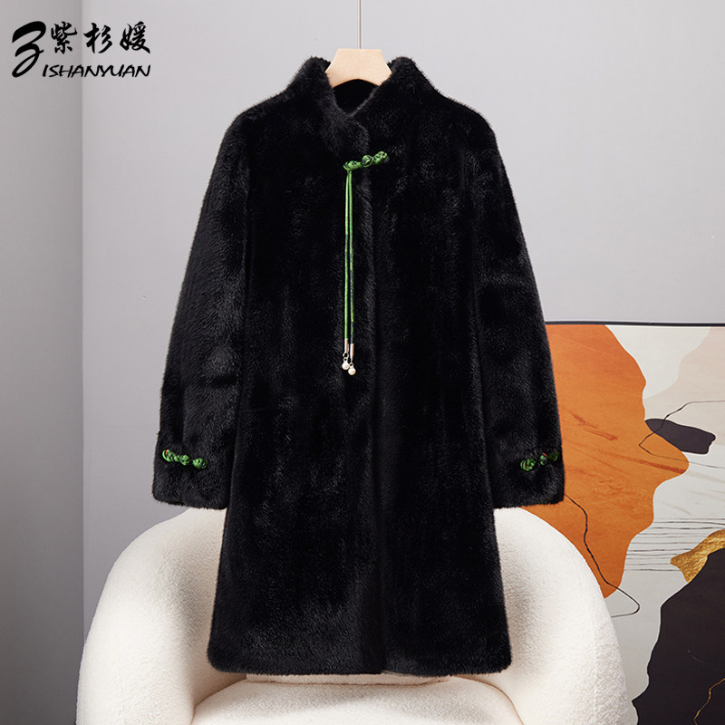 新中式国风盘扣皮毛一体大衣中长款中老年女装妈妈冬季仿貂皮外套