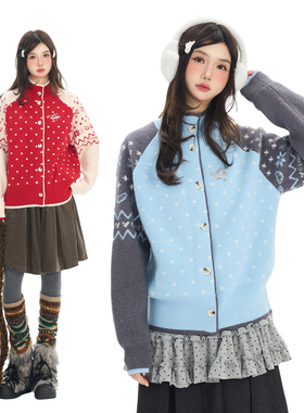 Double L2 费尔岛圣诞雪花波点针织毛衣女宽松慵懒氛围感开衫外套