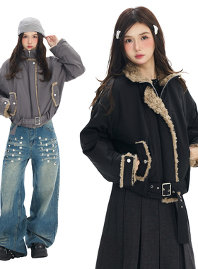 Double L2 美式复古羊羔绒大翻领外套女2025年冬季新款百搭派克服