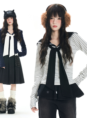 Double L2 美式长袖辣妹海军领T恤女新款设计感收腰显瘦短款上衣