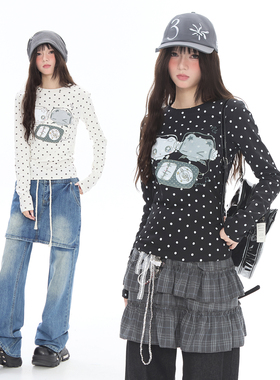 Double L2 波点猫咪卡通微透长袖T恤女亚文化修身显瘦打底衫上衣