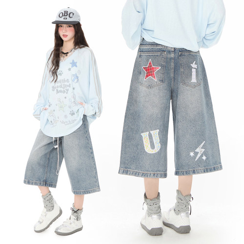 格子拼接字母刺绣七分裤女