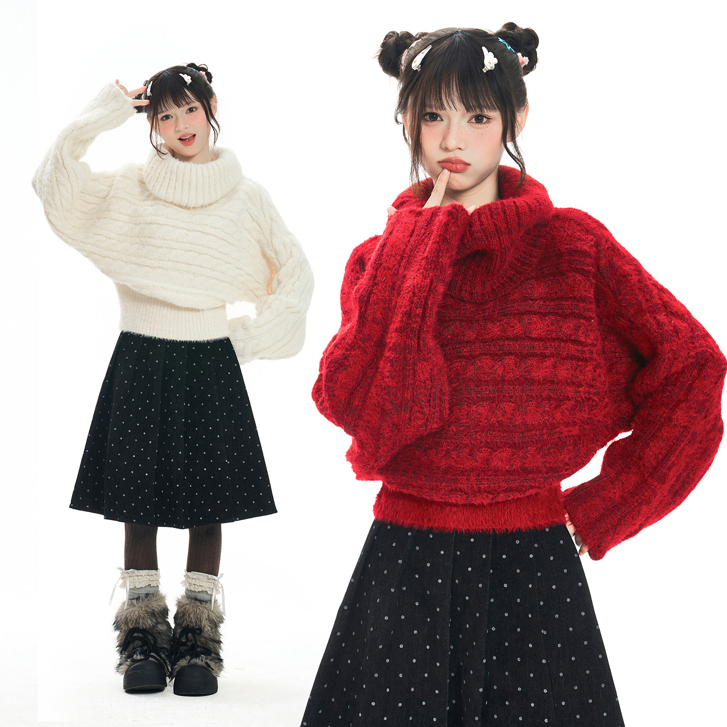 Double L2 新年红色套头高领毛衣女加厚一字肩内搭打底针织衫上衣