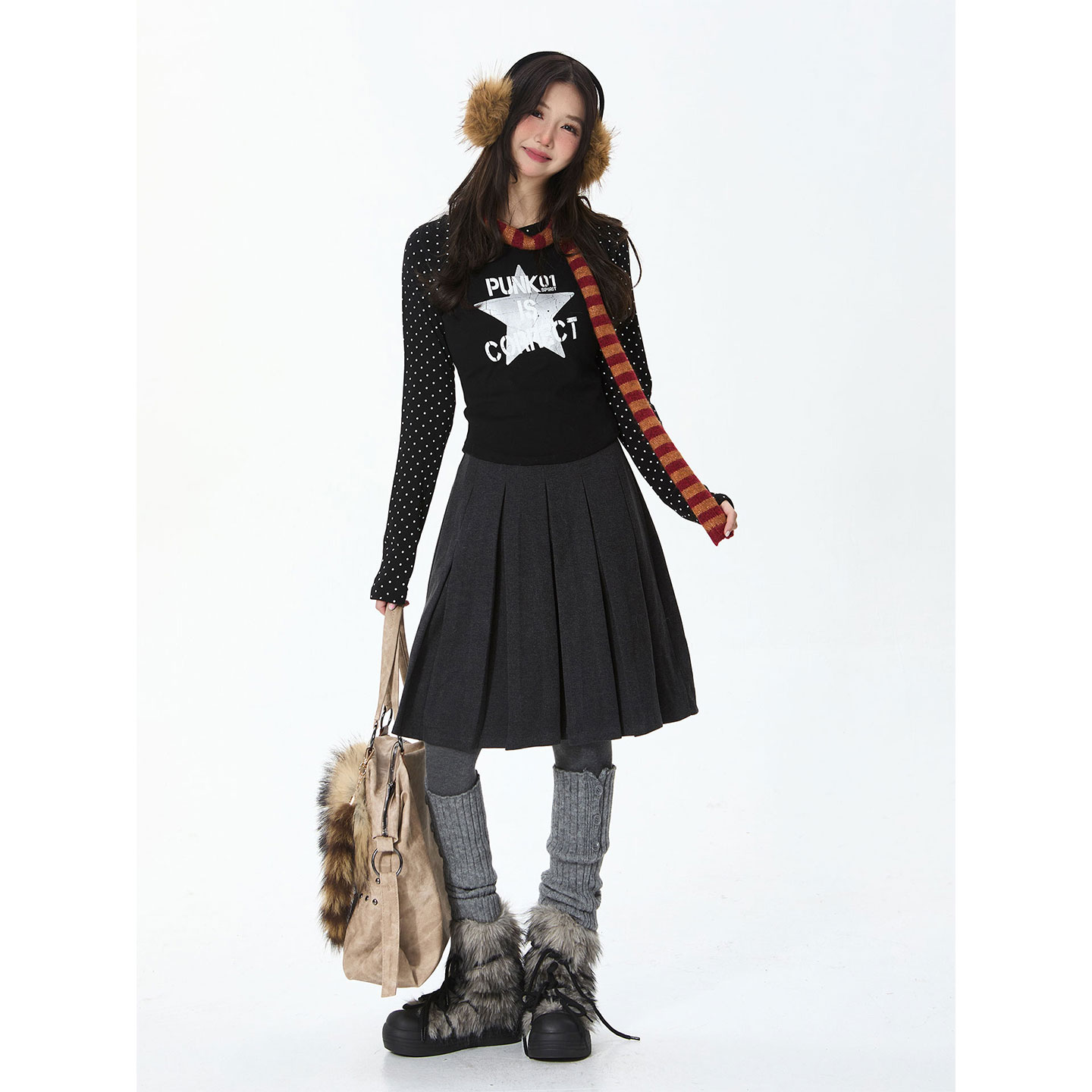 Double L2 美式波点印花星星长袖T恤Y2K辣妹内搭插肩袖打底衫上衣