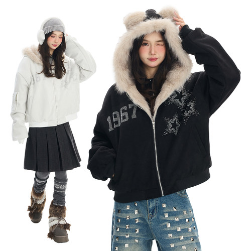 美式星星烫钻连帽棉服女新款
