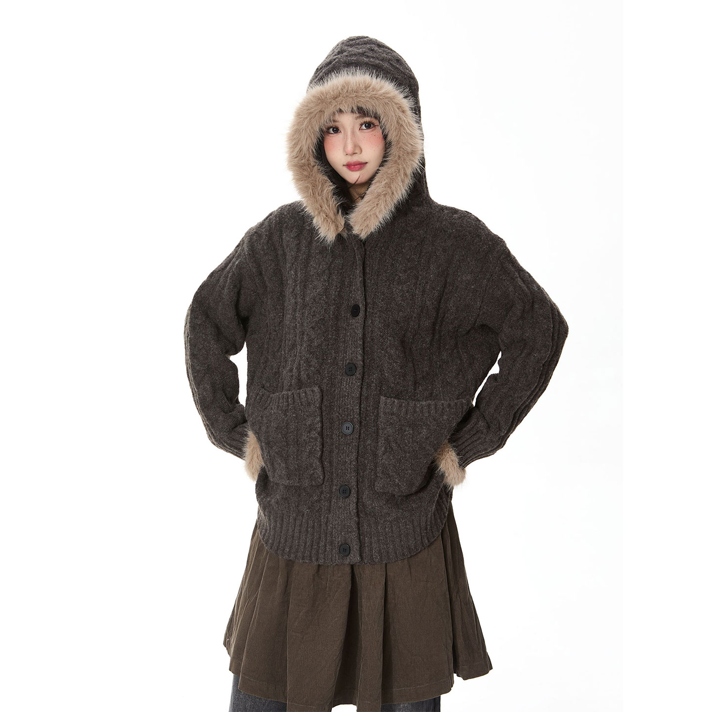 美式复古连帽毛衣外套女冬季