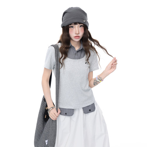 Double L2韩系复古黑白格纹假两件短袖T恤女夏季修身显瘦正肩上衣