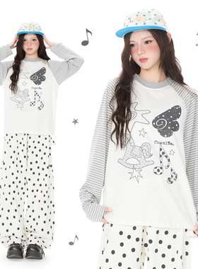 Double L2 美式亚文化卡通条纹拼接长袖T恤女宽松显瘦Y2K休闲上衣