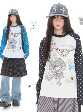 Double L2 可爱星星撞色插肩长袖T恤女春新款宽松休闲打底衫上衣