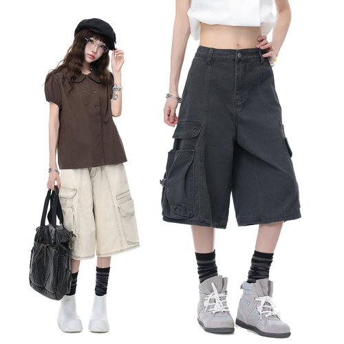 Double L2 美式复古多口袋休闲阔腿裤男女水洗立体裁剪直筒七分裤