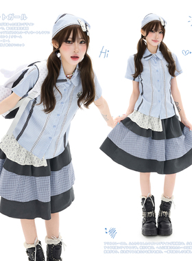 Double L2 韩系少女格子拼接波点正肩短袖衬衫女修身翻领衬衣上衣