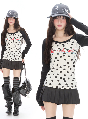 Double L2 美式波点字母印花插肩袖T恤女修身辣妹撞色短款上衣潮