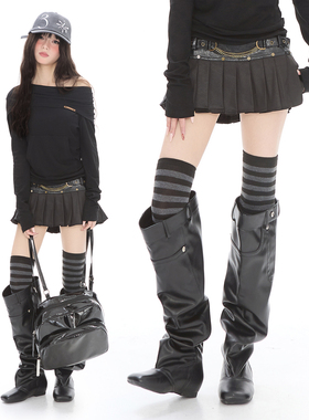 Double L2 美式复古链条黑色半身裙女高腰显瘦辣妹a字百褶裙皮裙