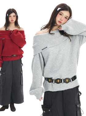 Double L2 圣诞氛围感一字肩红色毛衣女秋冬设计感小众露肩针织衫