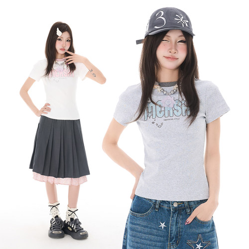 Double L2 辣妹美式复古正肩短款上衣女夏甜辣y2k街头休闲短袖T恤