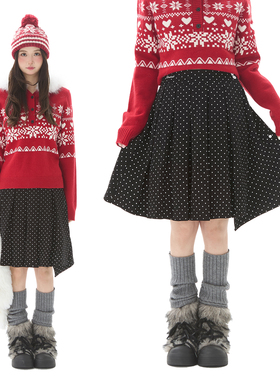 Double L2 黑色波点a字半身裙女2025新款秋冬中长款百搭高腰裙子