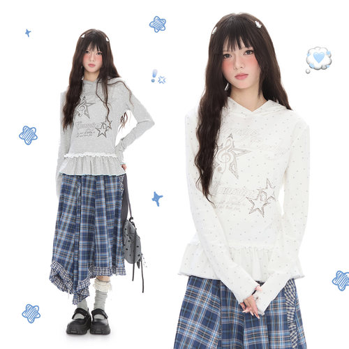 满印星星荷叶边裙摆连帽长袖T恤