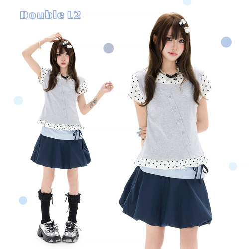 Double L2 韩系设计感假两件波点短袖T恤女夏季修身显瘦百搭上衣