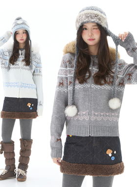 Double L2 冬日氛围感费尔岛毛领连帽毛衣女开衫百搭针织毛衫外套