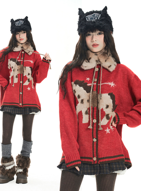 Double L2  复古设计感小马红色毛衣开衫女新年氛围感针织衫外套