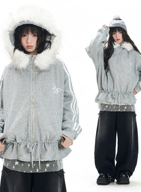 Double L2 美式复古加绒毛领连帽卫衣女新款保暖加厚灰色开衫外套