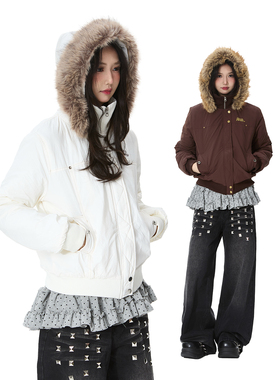 Double L2 美式复古大毛领棉服外套女新款加厚保暖短款白色棉衣冬