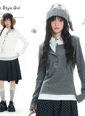 Double L2 美式复古假两件波点拼接长袖T恤女百搭连帽修身上衣潮