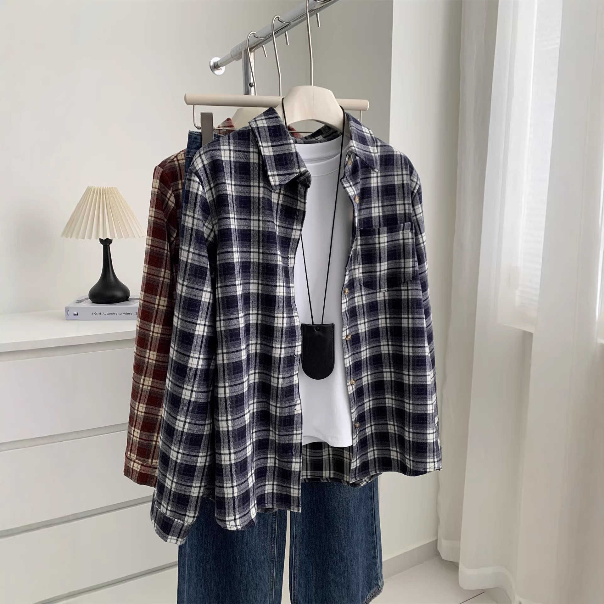 文艺复古磨毛格子衬衫女宽松加厚2026早春新款小个子口袋衬衣外套