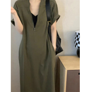 气质裙子 拉链V领宽松显瘦连衣裙通勤时尚 韩国东大门2026夏季 新款