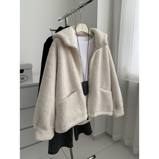 欧洲站厚实双面羊羔毛连帽外套女复古松弛感加绒拉链毛毛衣25冬