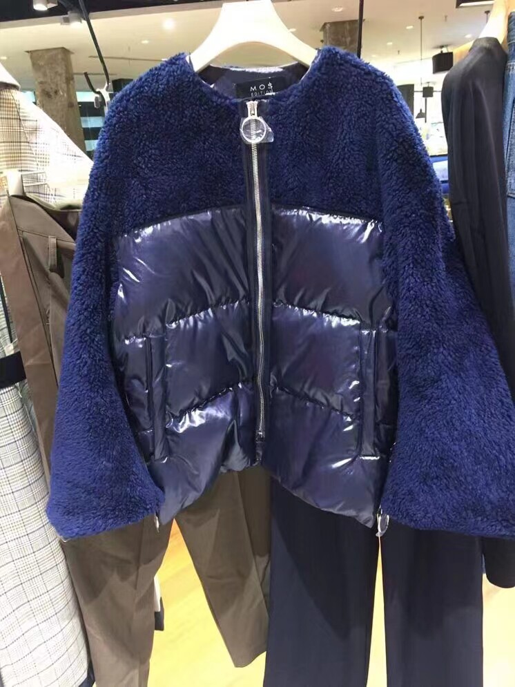 出口韩国MOS羊羔毛拼接秋冬外套女士羽绒棉服上衣宽松显瘦棉衣