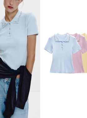 ZA 25秋季新品女装休闲风短袖翻盖珠宝领口罗纹POLO衫上衣6050005