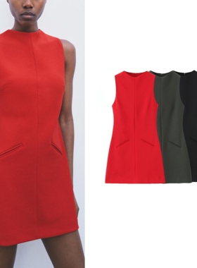 ZA 25夏季新品女装法式小黑裙褶皱立领软质直筒迷你连衣裙1058151