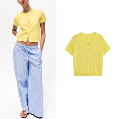 ZA 25夏季新品女装人造珍珠蝴蝶结饰针织外套1473005